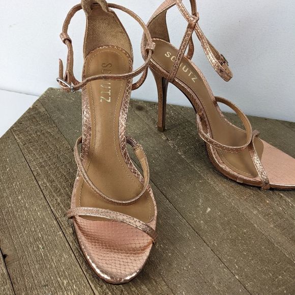 Schutz Strappy High Heel Sandal metallic Rose Gold Snake skin sz 5B Ankle strap - Picture 3 of 7
